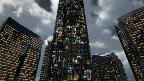 Gläserne-Wolkenkratzer-Bürogebäude-Mit-Dunklem-Himmel